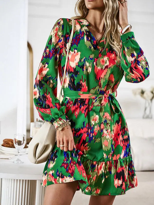 Damen V-Ausschnitt Druckkleid mit Gürtel 5