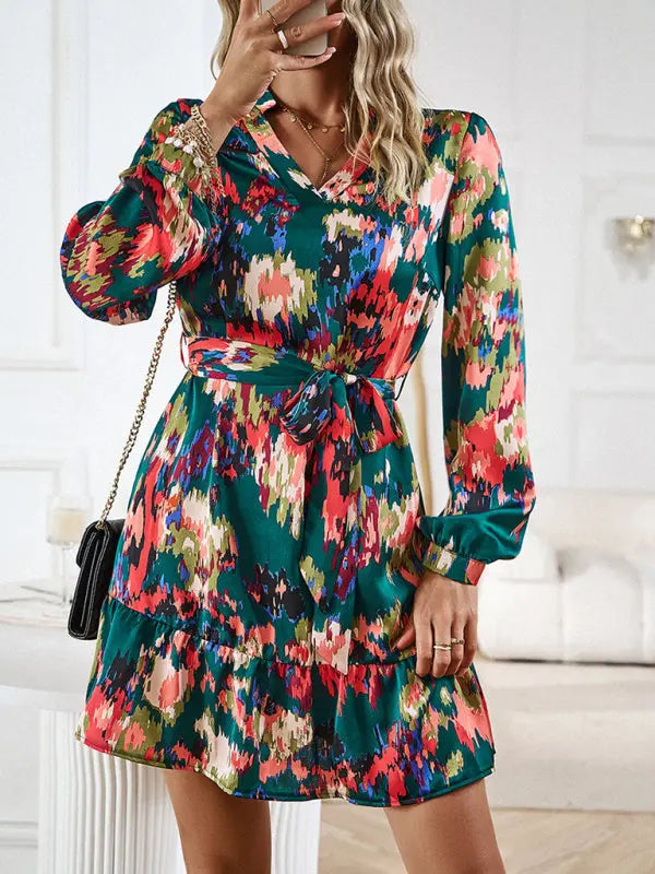 Damen V-Ausschnitt Druckkleid mit Gürtel 6