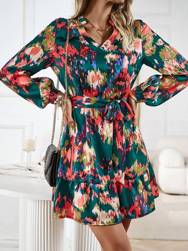 Damen V-Ausschnitt Druckkleid mit Gürtel 7