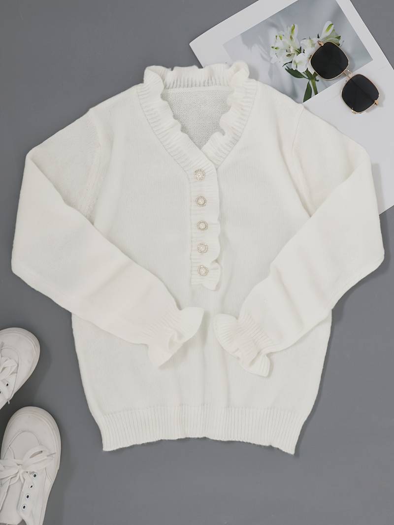 Damen V-Hals Pullover mit Knopfdetail aus luxuriösem Material 2