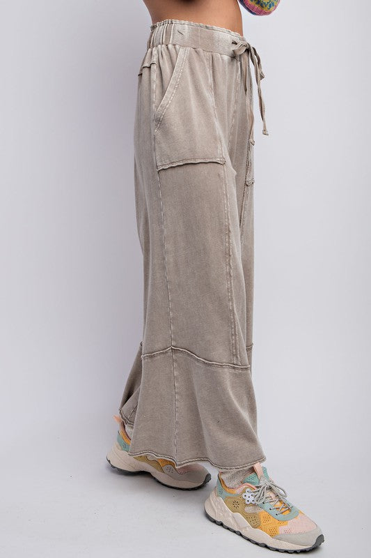 Damen Weite Bein Hose Mineral Waschung Terry Strick 1