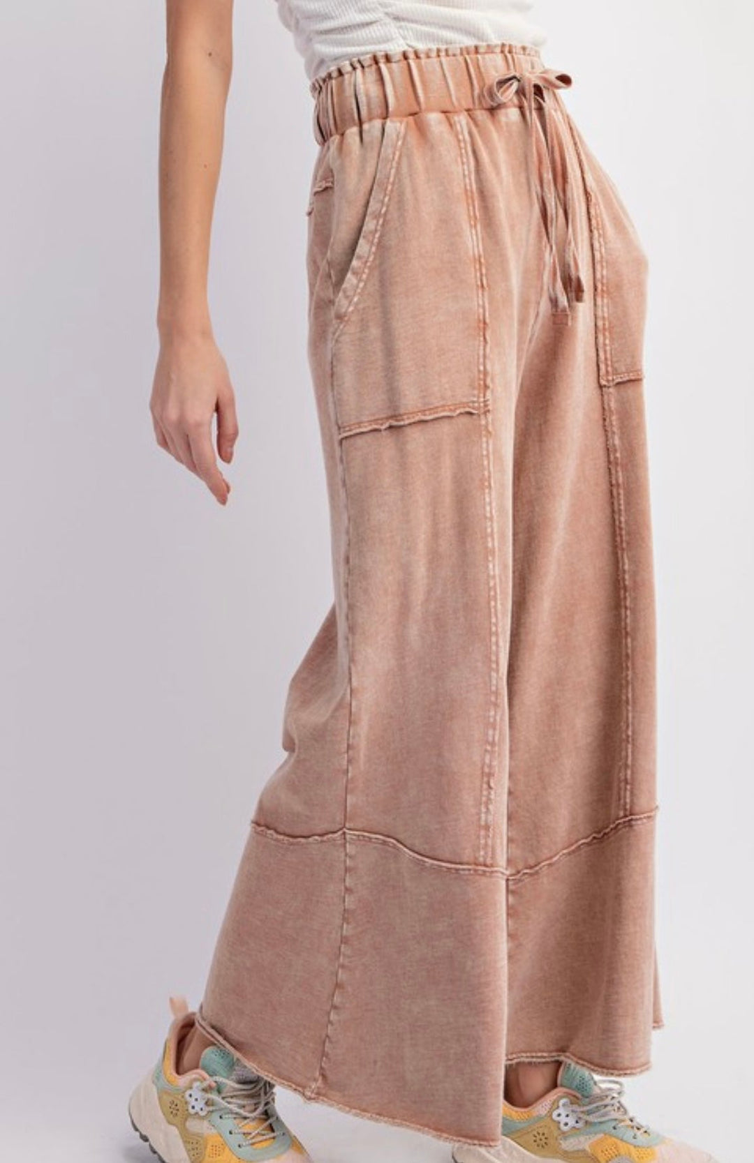 Damen Weite Bein Hose Mineralgewaschen Terry Strick 1