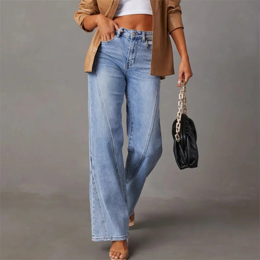 Damen Weite Beinform Hohe Taille Denim Jeans 1