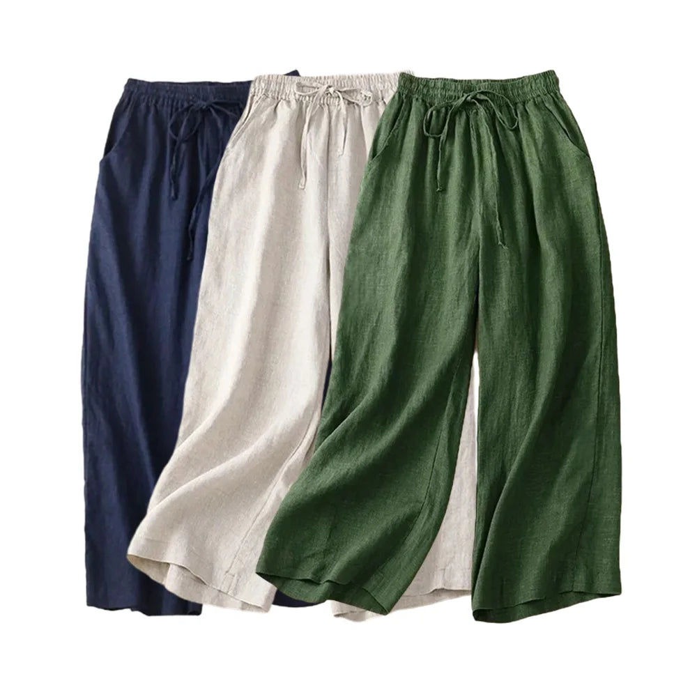 Damen Weite Beinform Hose mit Hohem Bund aus Baumwolle und Leinen 0
