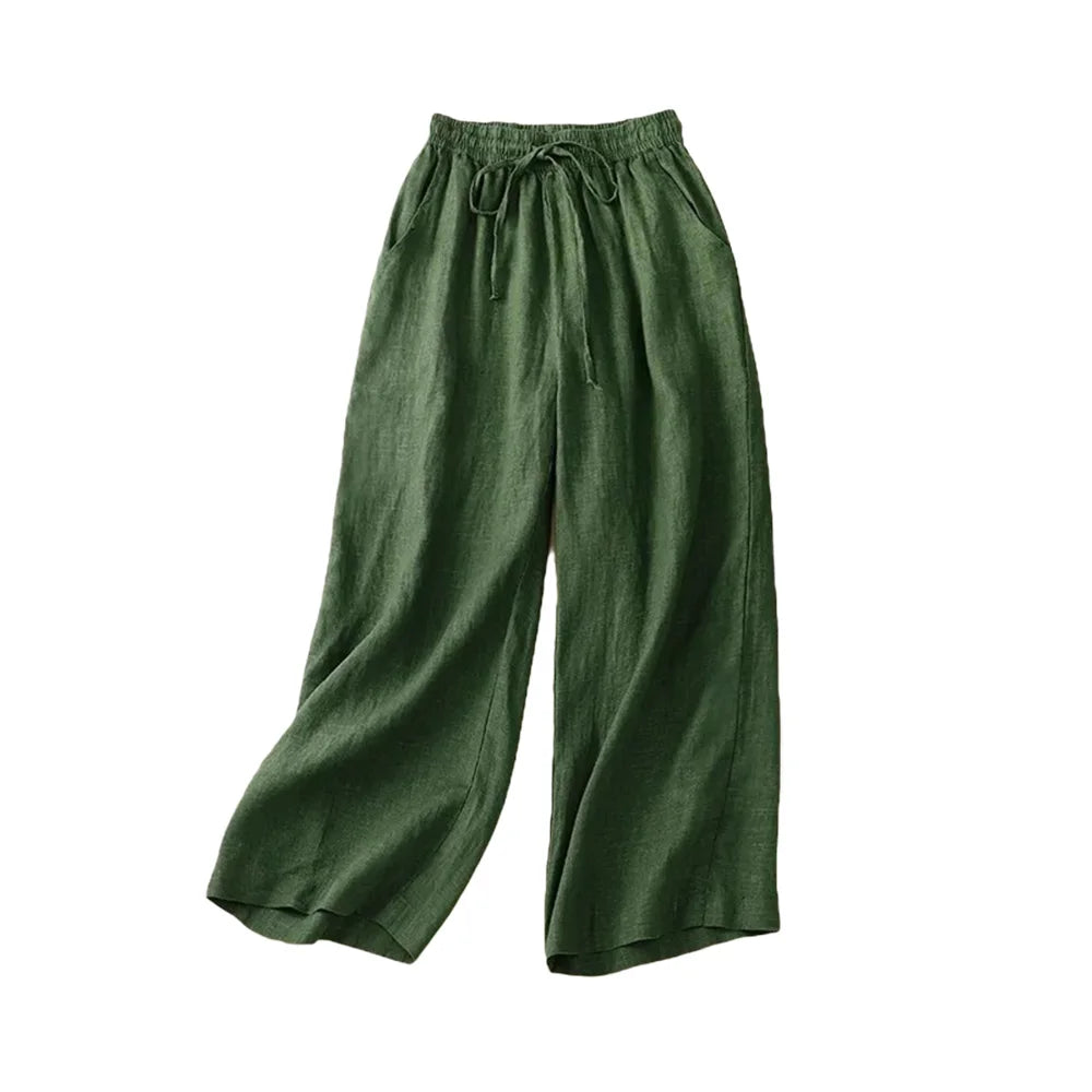 Damen Weite Beinform Hose mit Hohem Bund aus Baumwolle und Leinen 1