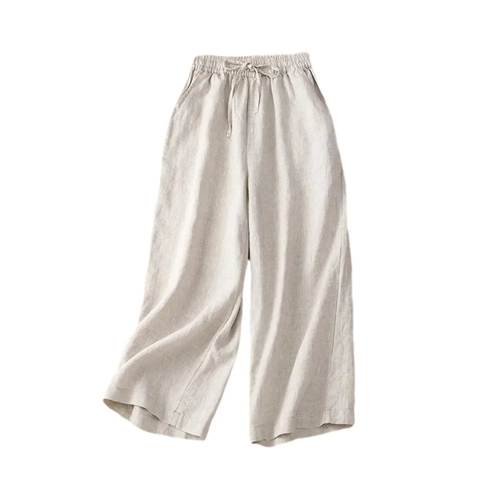 Damen Weite Beinform Hose mit Hohem Bund aus Baumwolle und Leinen 2
