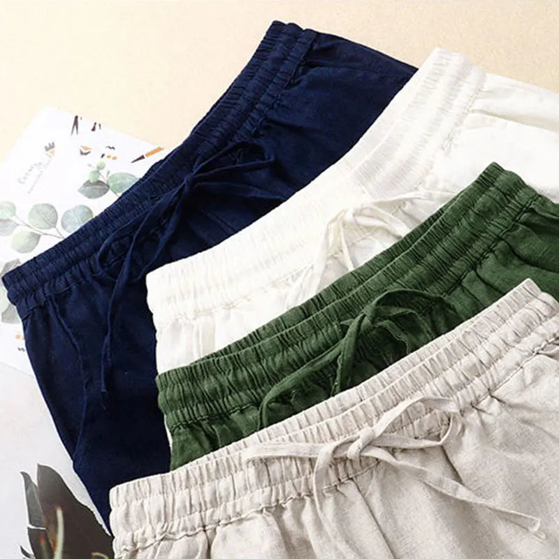 Damen Weite Beinform Hose mit Hohem Bund aus Baumwolle und Leinen 4