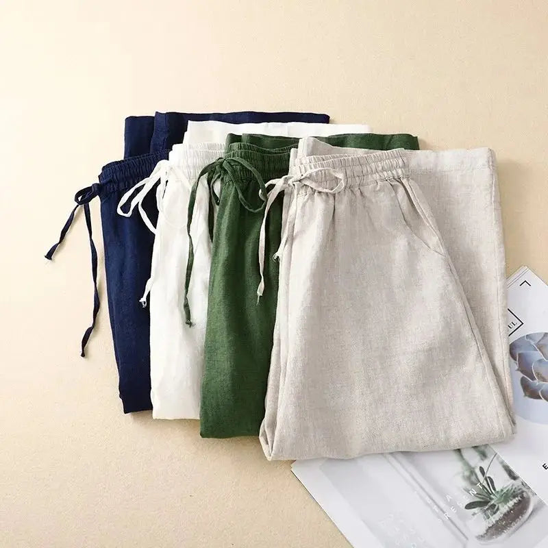 Damen Weite Beinform Hose mit Hohem Bund aus Baumwolle und Leinen 5