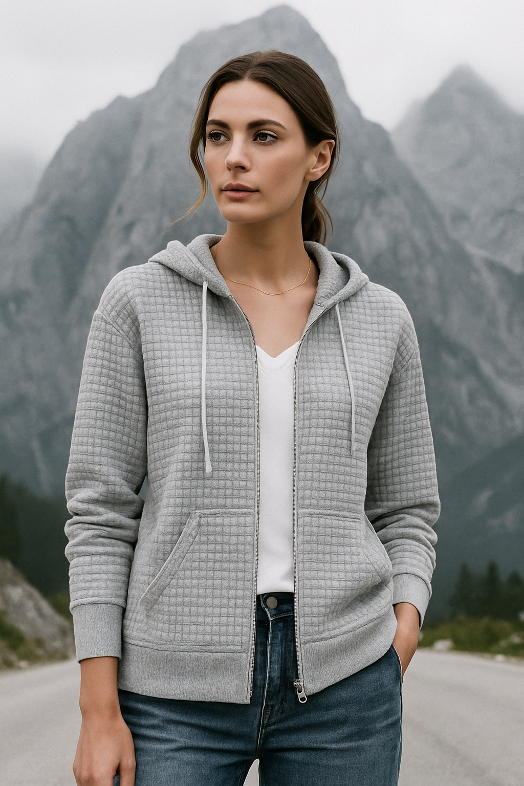 Damen Weste Hoodie Mit Reißverschluss Wafelstruktur Gemischte Stoffe 2