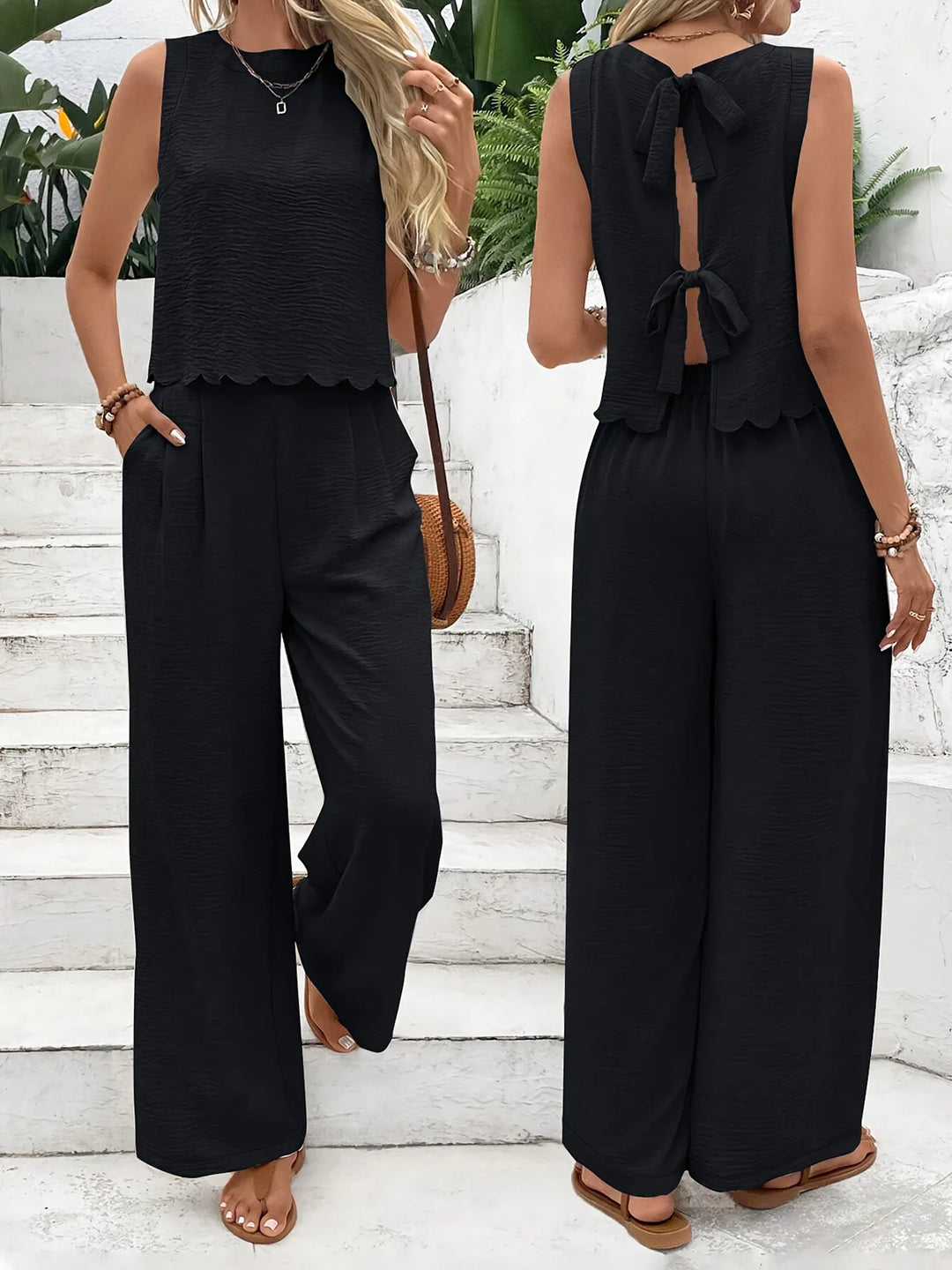 Damen Zweiteiler Set Leinen Ärmelloses Oberteil und Hose Sommer Outfit 2