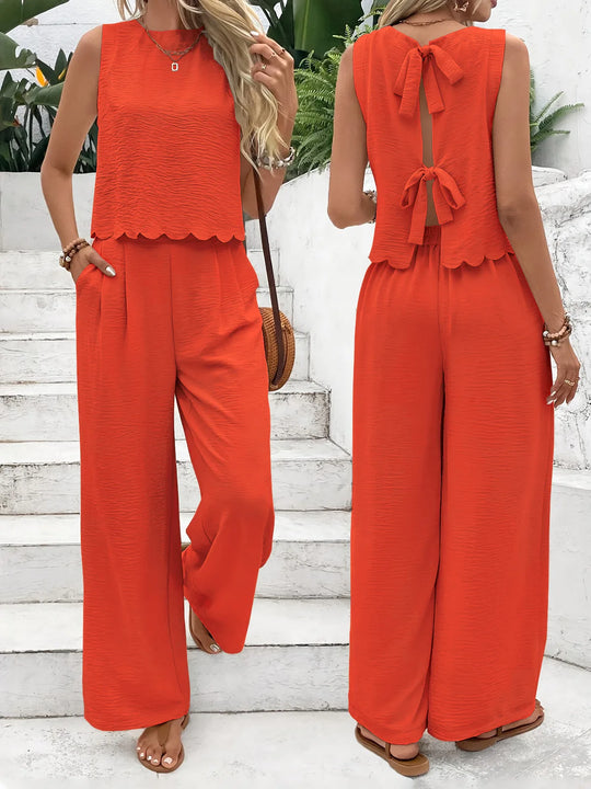 Damen Zweiteiler Set Leinen Ärmelloses Oberteil und Hose Sommer Outfit 4