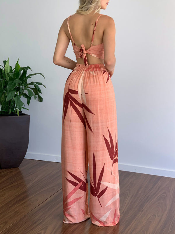 Damen Zweiteiler V-Ausschnitt Hohe Taille Bedruckte Weite Hose für Sommer 1