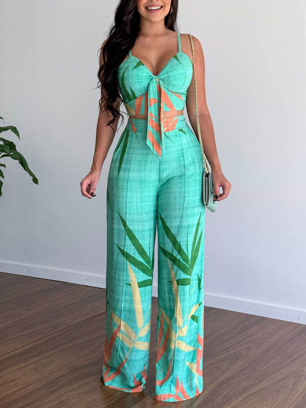Damen Zweiteiler V-Ausschnitt Hohe Taille Bedruckte Weite Hose für Sommer 5