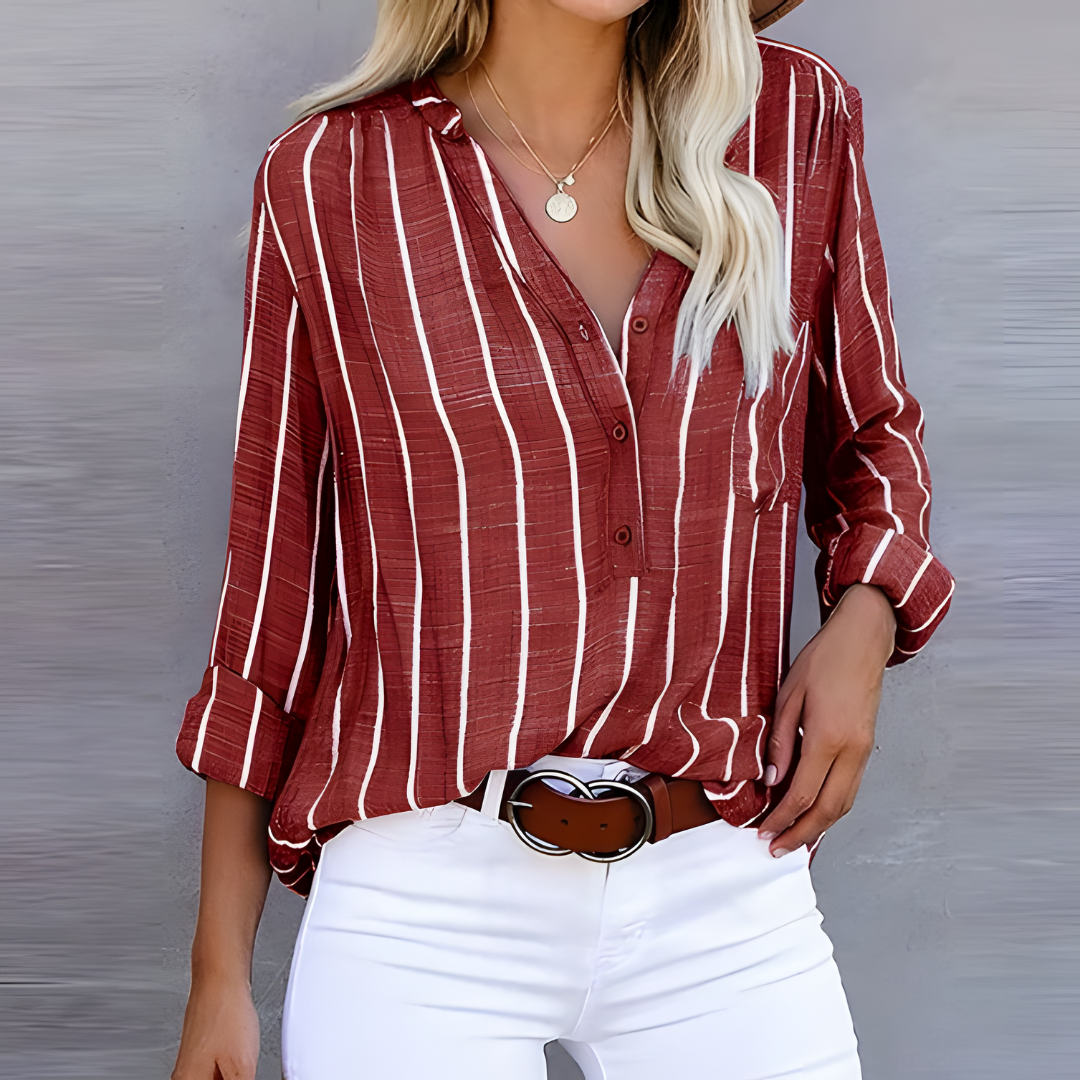 Damenbluse mit gestreiftem Design und Knotenverschluss 1