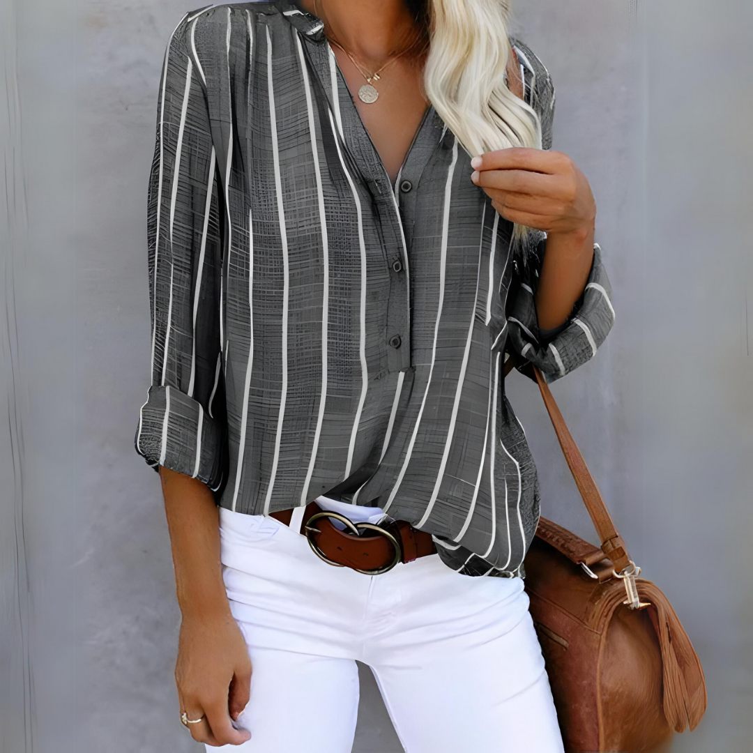 Damenbluse mit gestreiftem Design und Knotenverschluss 4