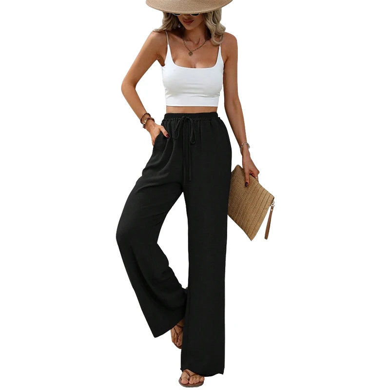 Damenhose Hohe Taille Gerade Beinform Baumwolle mit Taschen und Bindeband 10