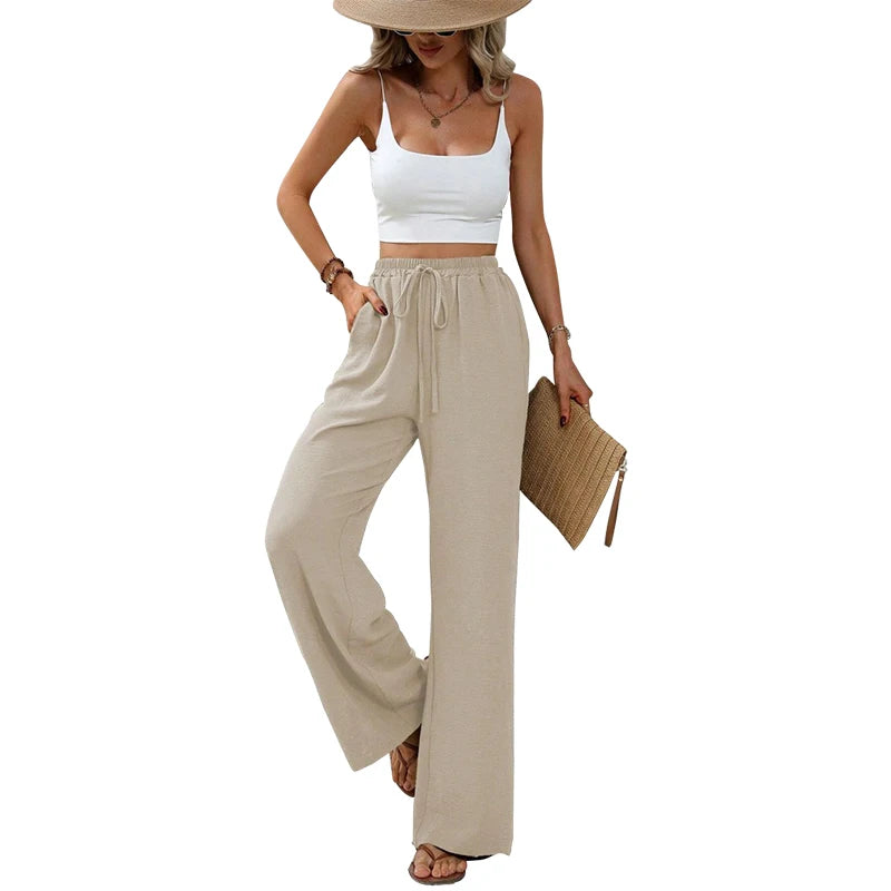 Damenhose Hohe Taille Gerade Beinform Baumwolle mit Taschen und Bindeband 11