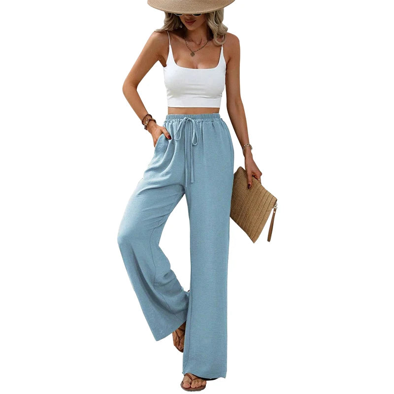 Damenhose Hohe Taille Gerade Beinform Baumwolle mit Taschen und Bindeband 12