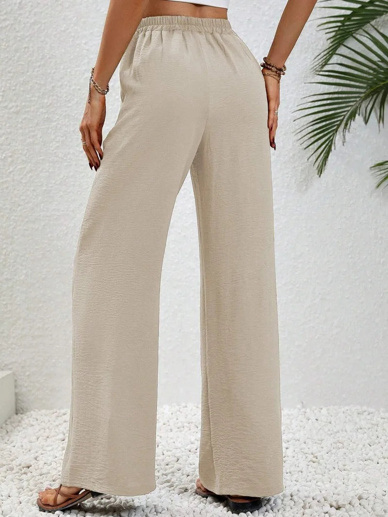 Damenhose Hohe Taille Gerade Beinform Baumwolle mit Taschen und Bindeband 1