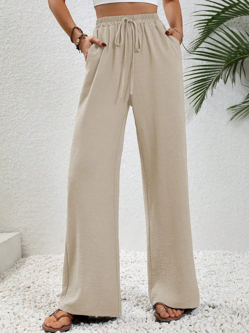 Damenhose Hohe Taille Gerade Beinform Baumwolle mit Taschen und Bindeband 2