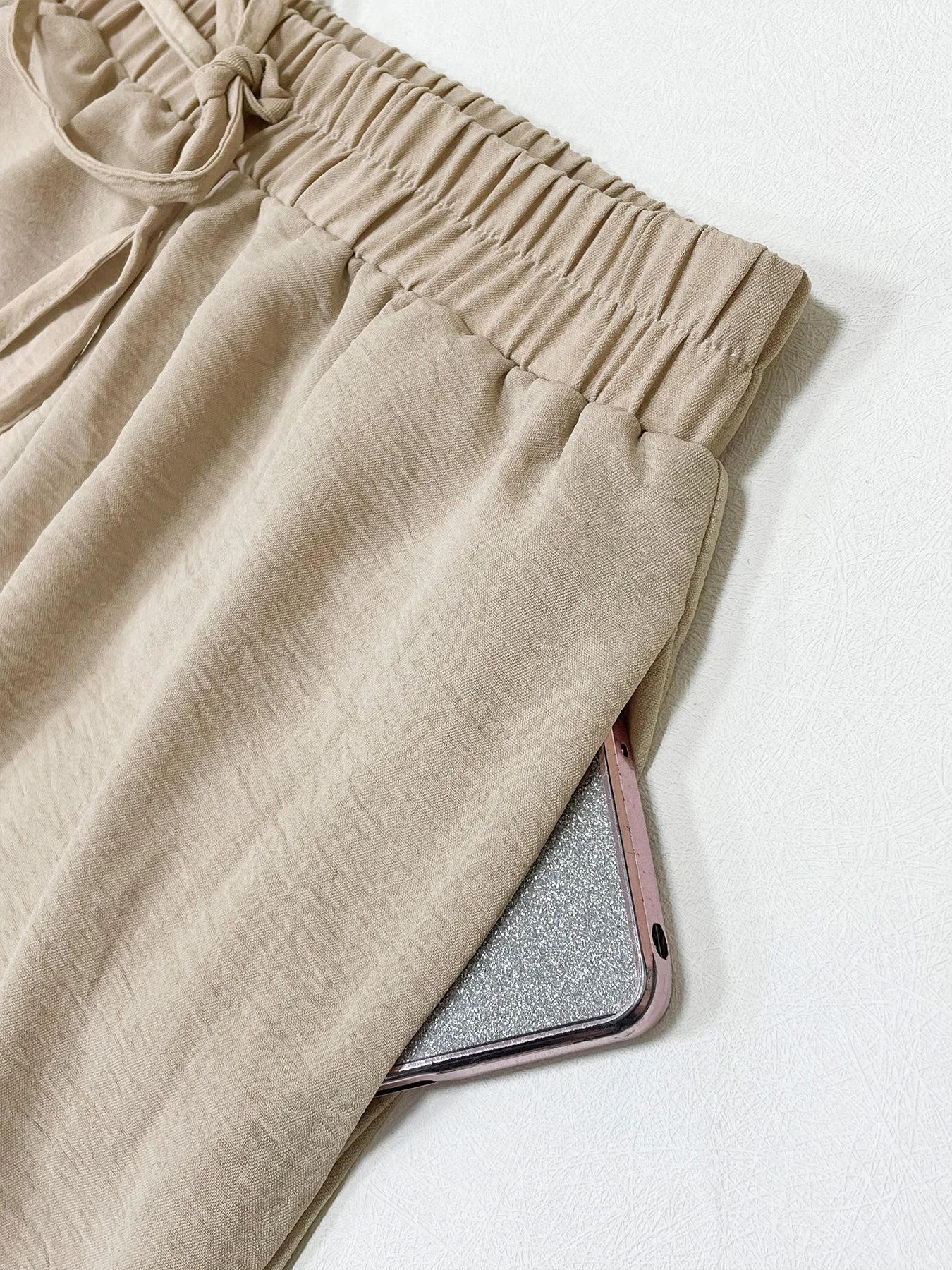 Damenhose Hohe Taille Gerade Beinform Baumwolle mit Taschen und Bindeband 4
