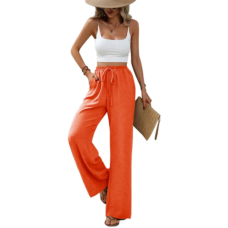 Damenhose Hohe Taille Gerade Beinform Baumwolle mit Taschen und Bindeband 6