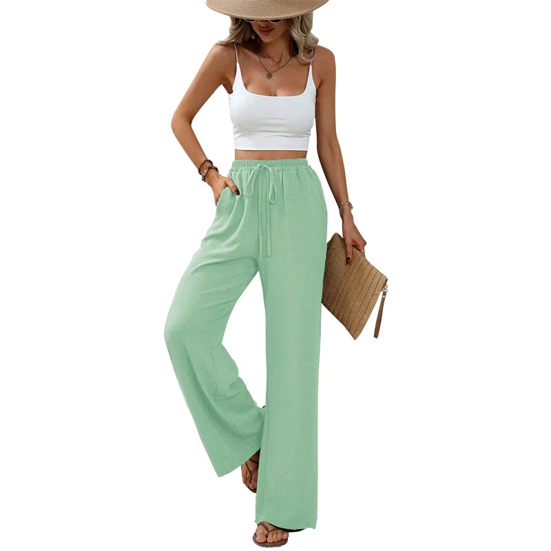Damenhose Hohe Taille Gerade Beinform Baumwolle mit Taschen und Bindeband 7