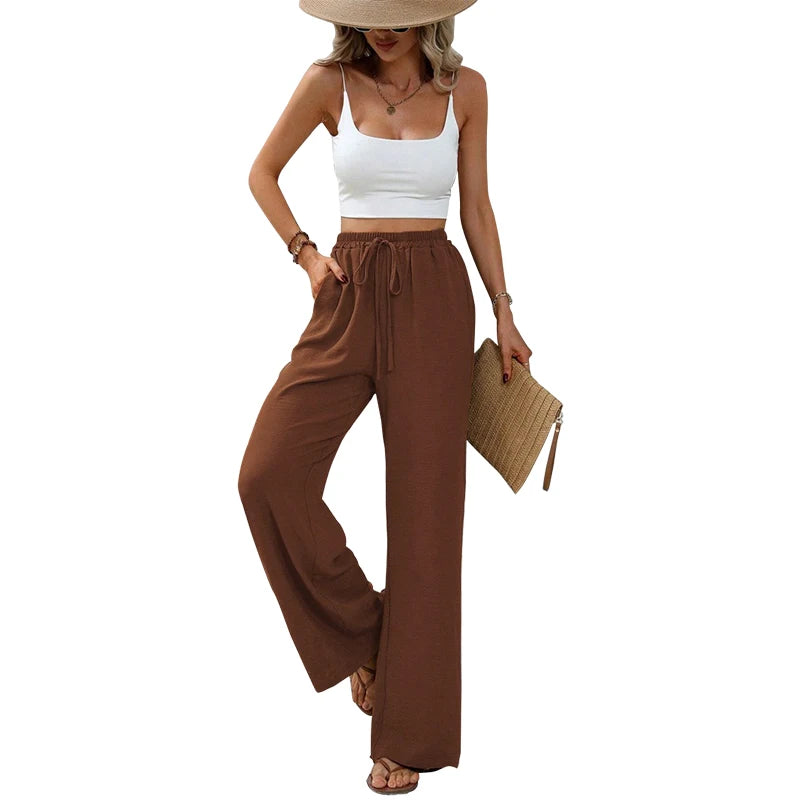 Damenhose Hohe Taille Gerade Beinform Baumwolle mit Taschen und Bindeband 9