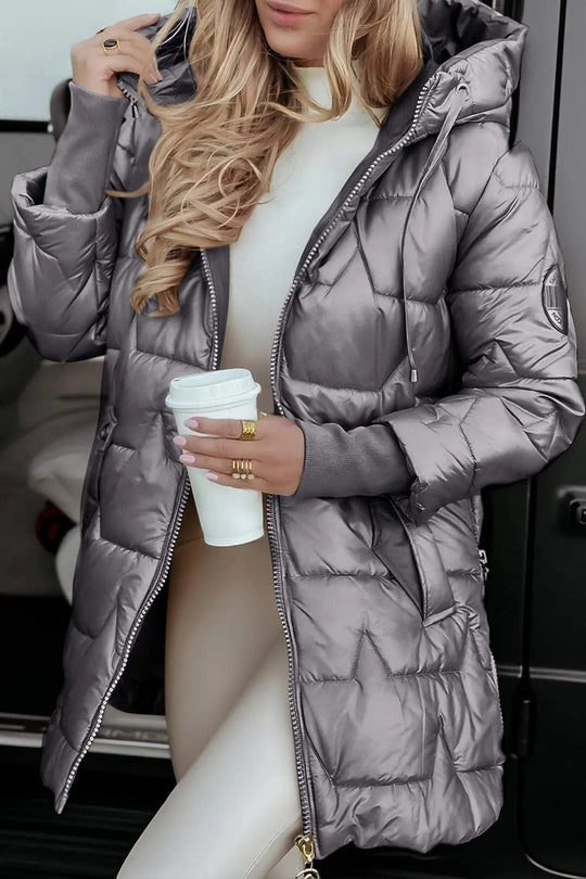 Damenjacke Lange Daunenjacke Mit Kapuze im Trendigen Metallic-Look 3
