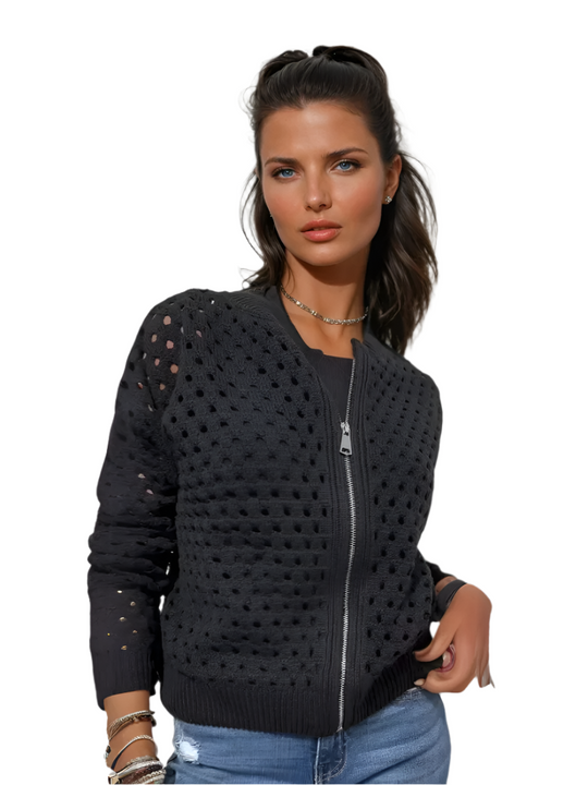 Damenjacke mit Reißverschluss und perforiertem Design 0