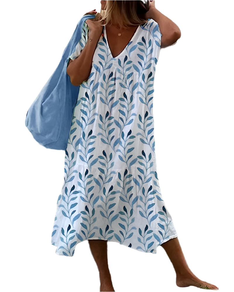 Damenkleid V-Ausschnitt Blätterdruck 0