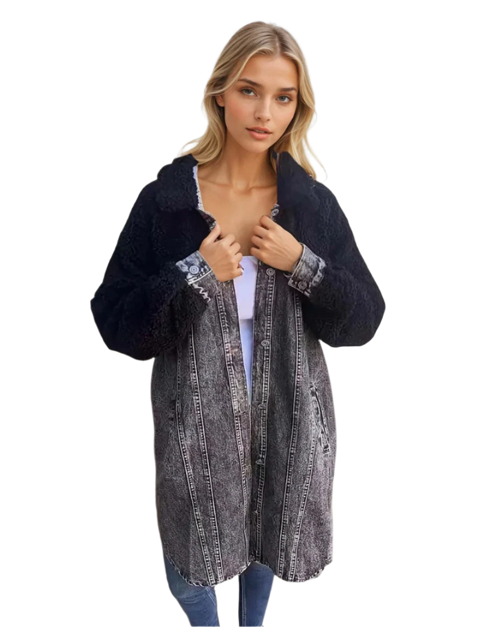 Damenmantel Denim mit Wolle, Tailliert, Modern, Langer Mantel für Herbst und Winter 0