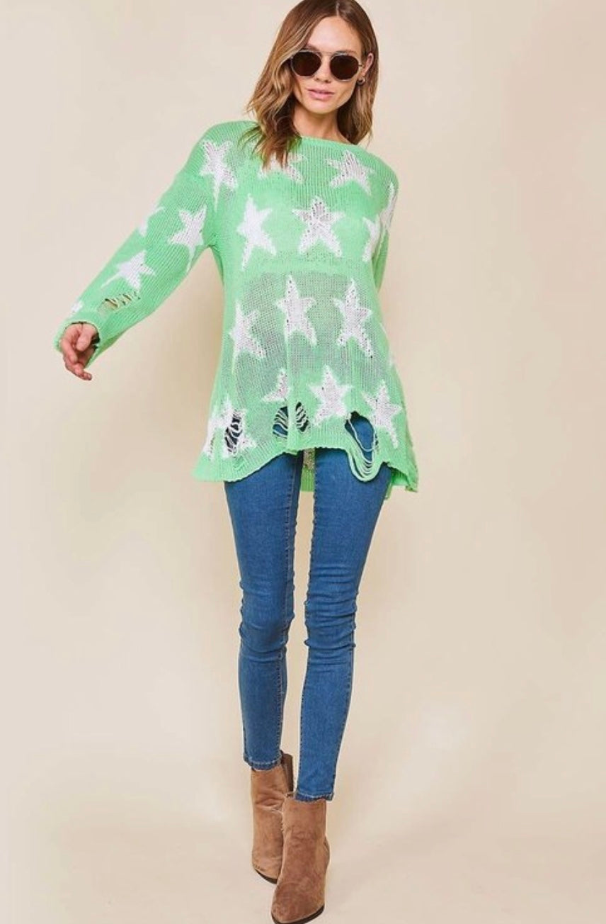 Damenpullover Rundhals Langarm Strick mit Sternenprint 2
