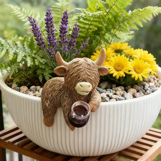 Dekorative Highlandrinderfigur mit Bierglas für Zuhause und Büro 1