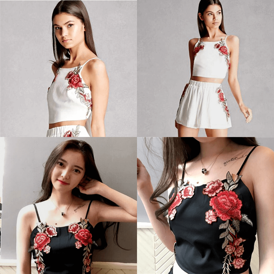 Floral Besticktes Crop Top Und Shorts Set