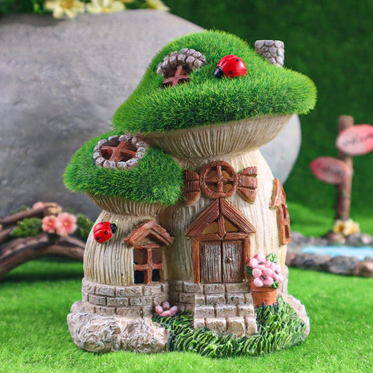 Garten Skulptur Pilzhaus mit Solarbeleuchtung – Fantasievolle Dekofigur für den Garten 1