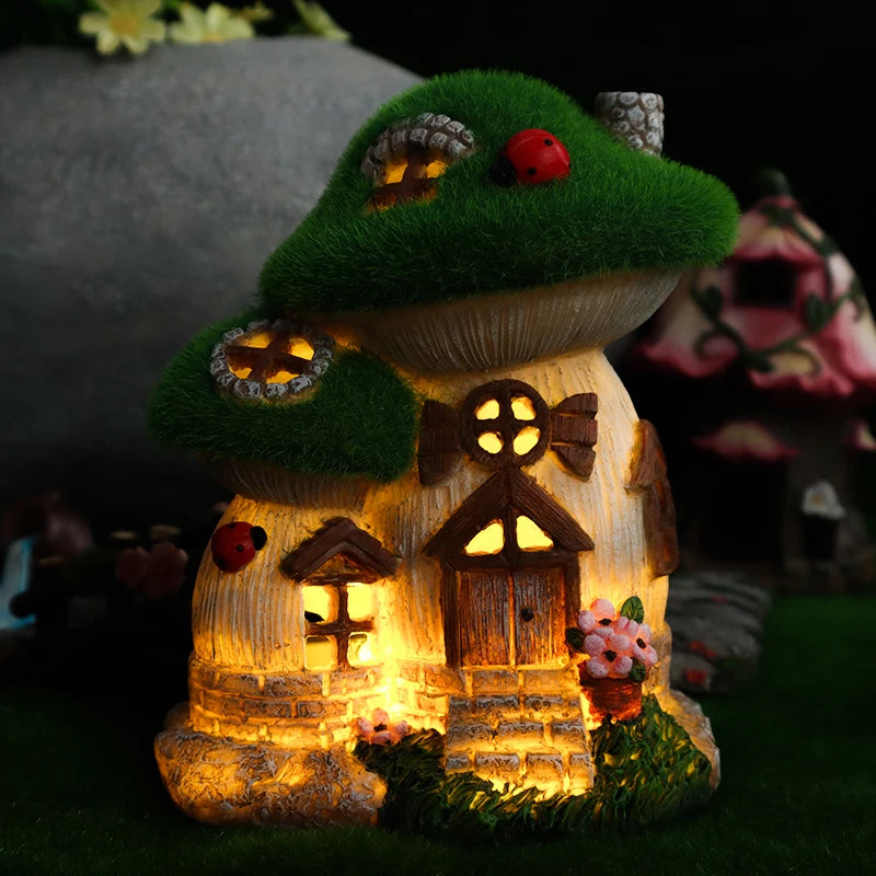 Garten Skulptur Pilzhaus mit Solarbeleuchtung – Fantasievolle Dekofigur für den Garten 2
