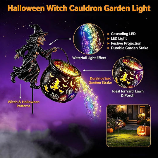Gartendekoration mit beleuchteter Hexenfigur für Halloween 2