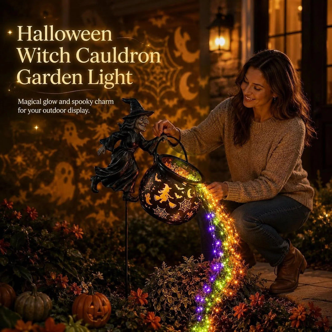 Gartendekoration mit beleuchteter Hexenfigur für Halloween 3