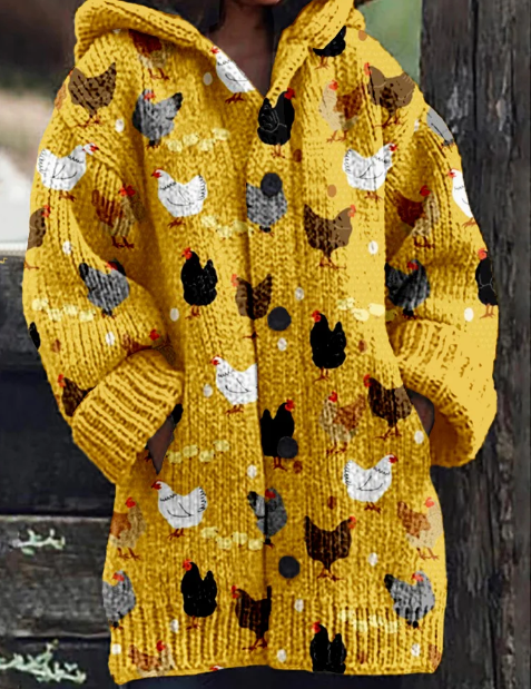 Damen Cardigan mit Hühner- und Küken-Grafik aus Weichem Material-2