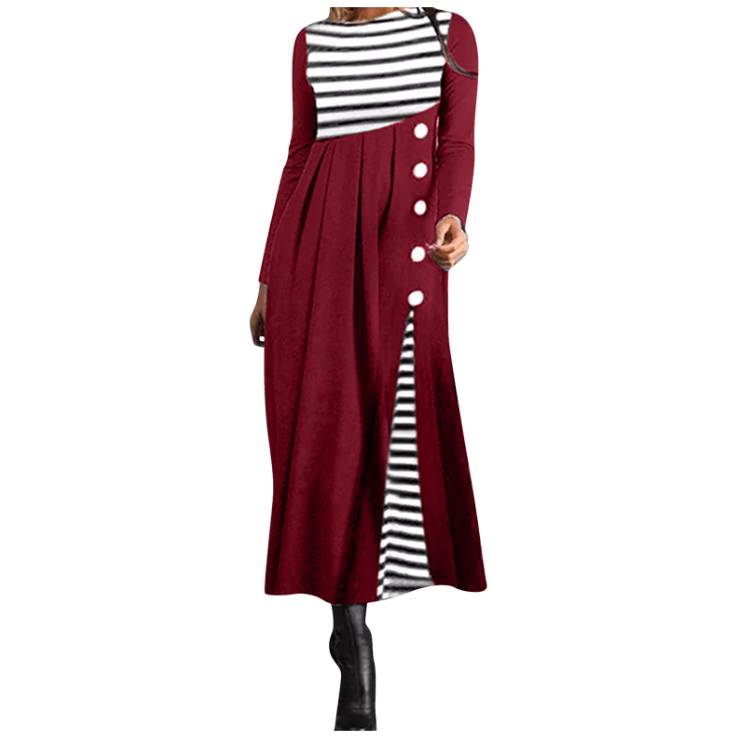 Gestreiftes Langärmeliges Patchwork-Kleid Für Damen