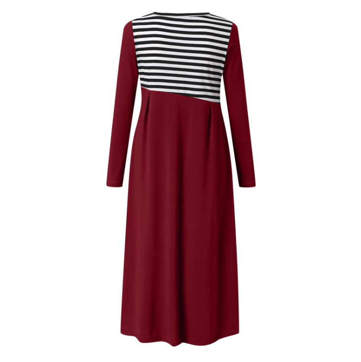 Gestreiftes Langärmeliges Patchwork-Kleid Für Damen