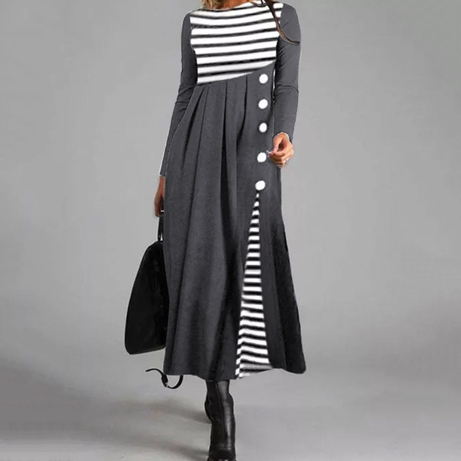Gestreiftes Langärmeliges Patchwork-Kleid Für Damen