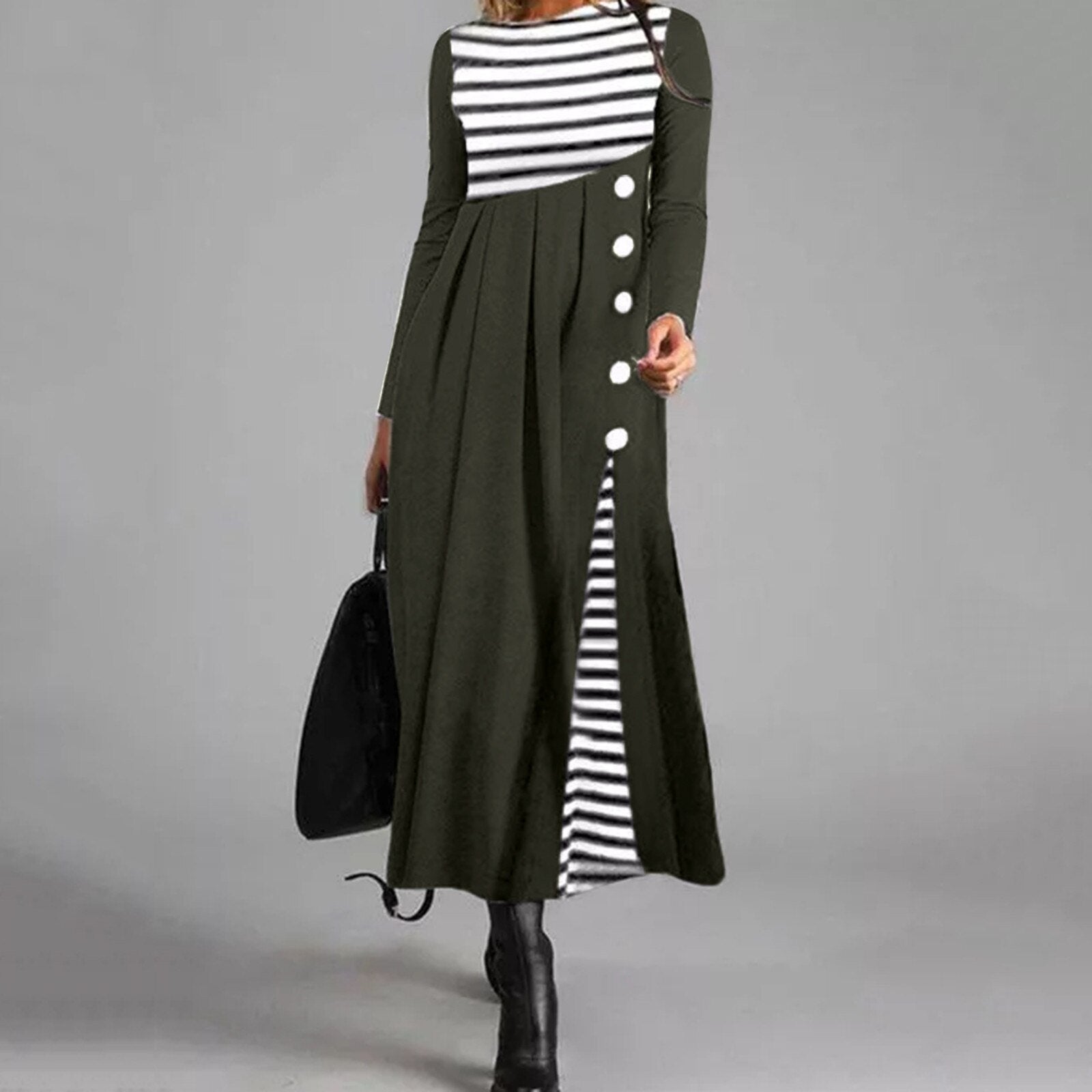 Gestreiftes Langärmeliges Patchwork-Kleid Für Damen