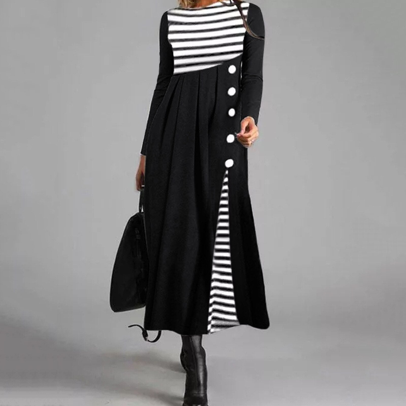 Gestreiftes Langärmeliges Patchwork-Kleid Für Damen