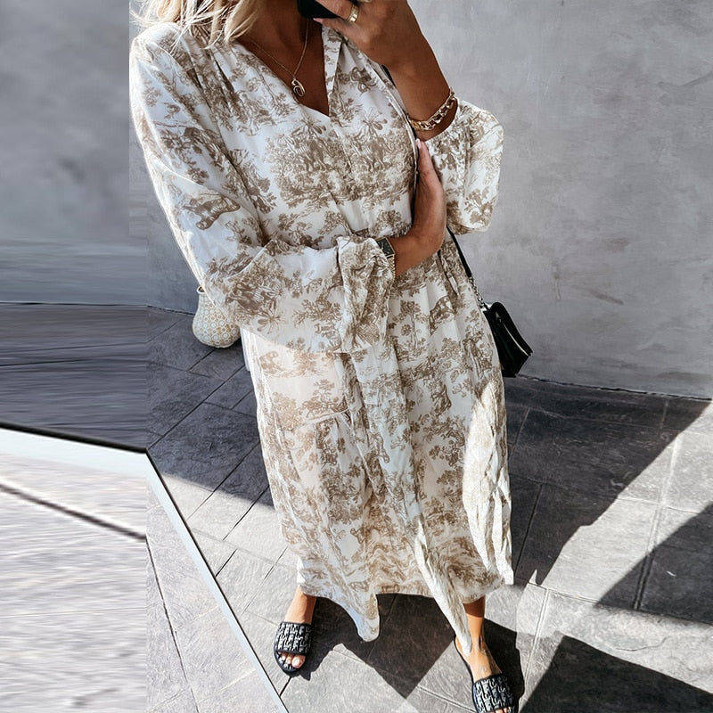 Damen Maxi Kleid Langarm V-Ausschnitt Rüschendetails Baumwollmischung-5