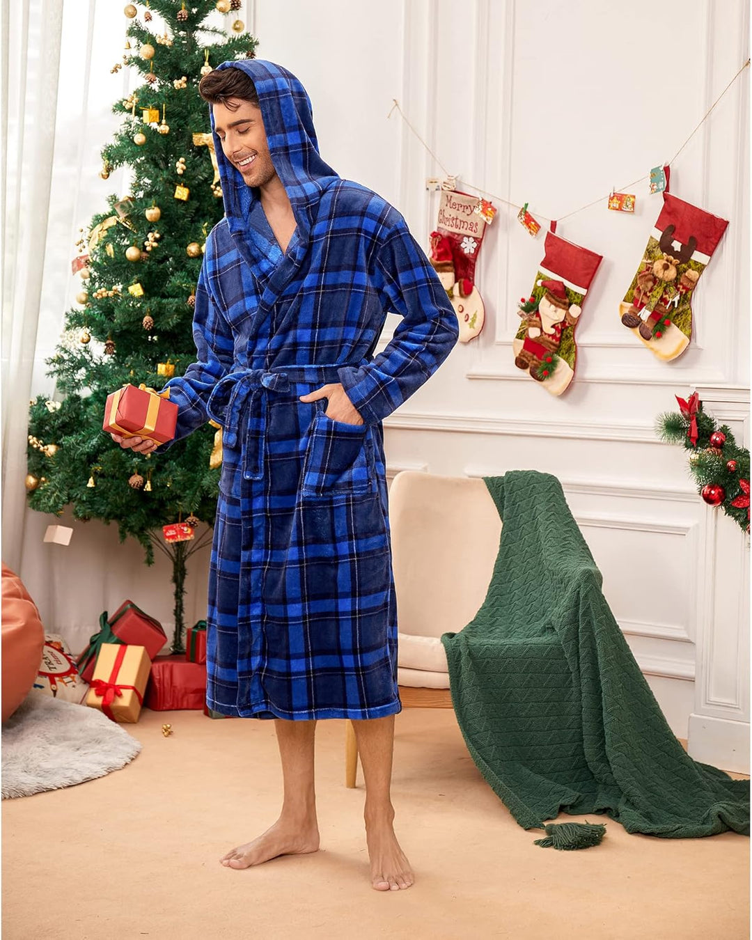 Herren Bademantel Lang Mit Geräumigen Taschen Und Verstellbarem Taillengürtel 4