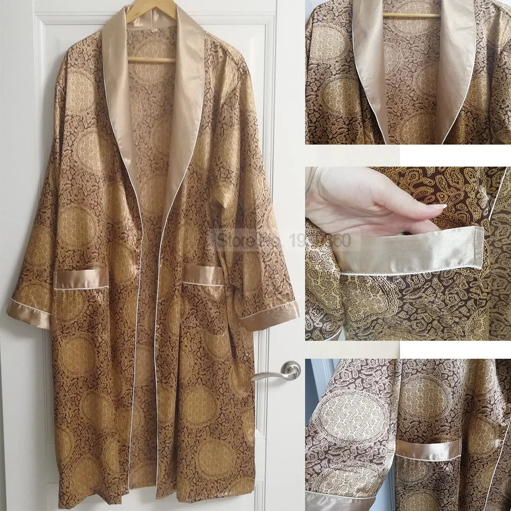 Herren Bademantel Satin Mit Goldprint Luxuriös Und Bequem 5
