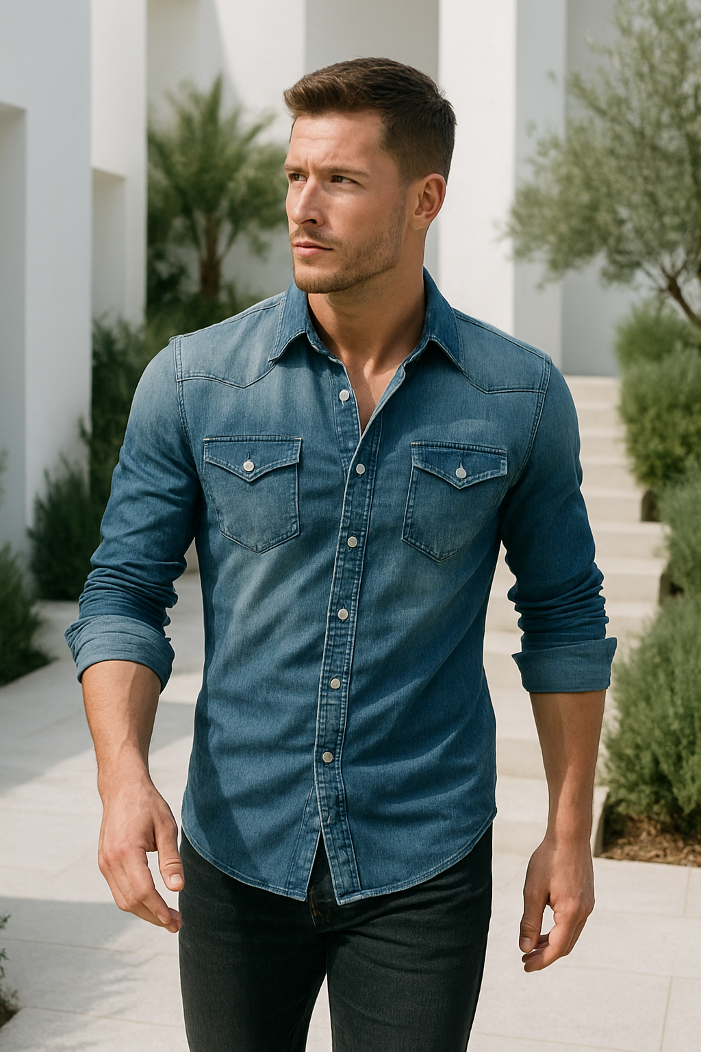 Herren Denim Hemd Retro Stil mit Knopf-Taschen 1