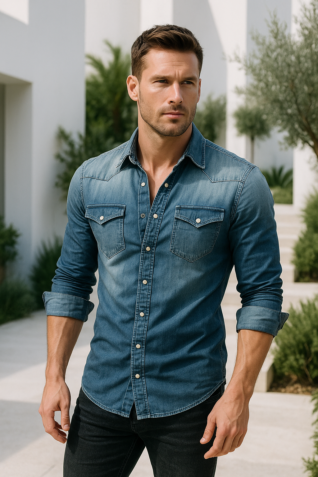 Herren Denim Hemd Retro Stil mit Knopf-Taschen 2